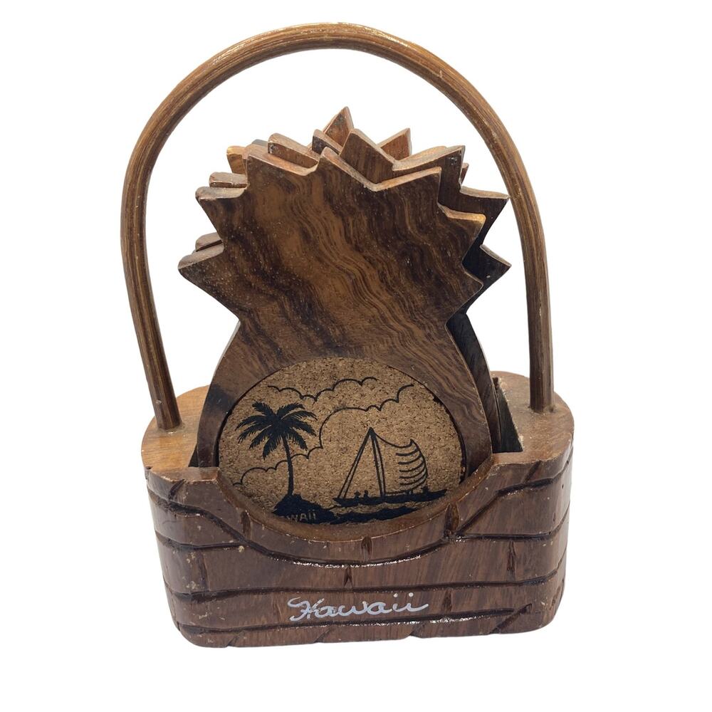 Vintage Wooden Hawaii Pineapple Coasters with Holder